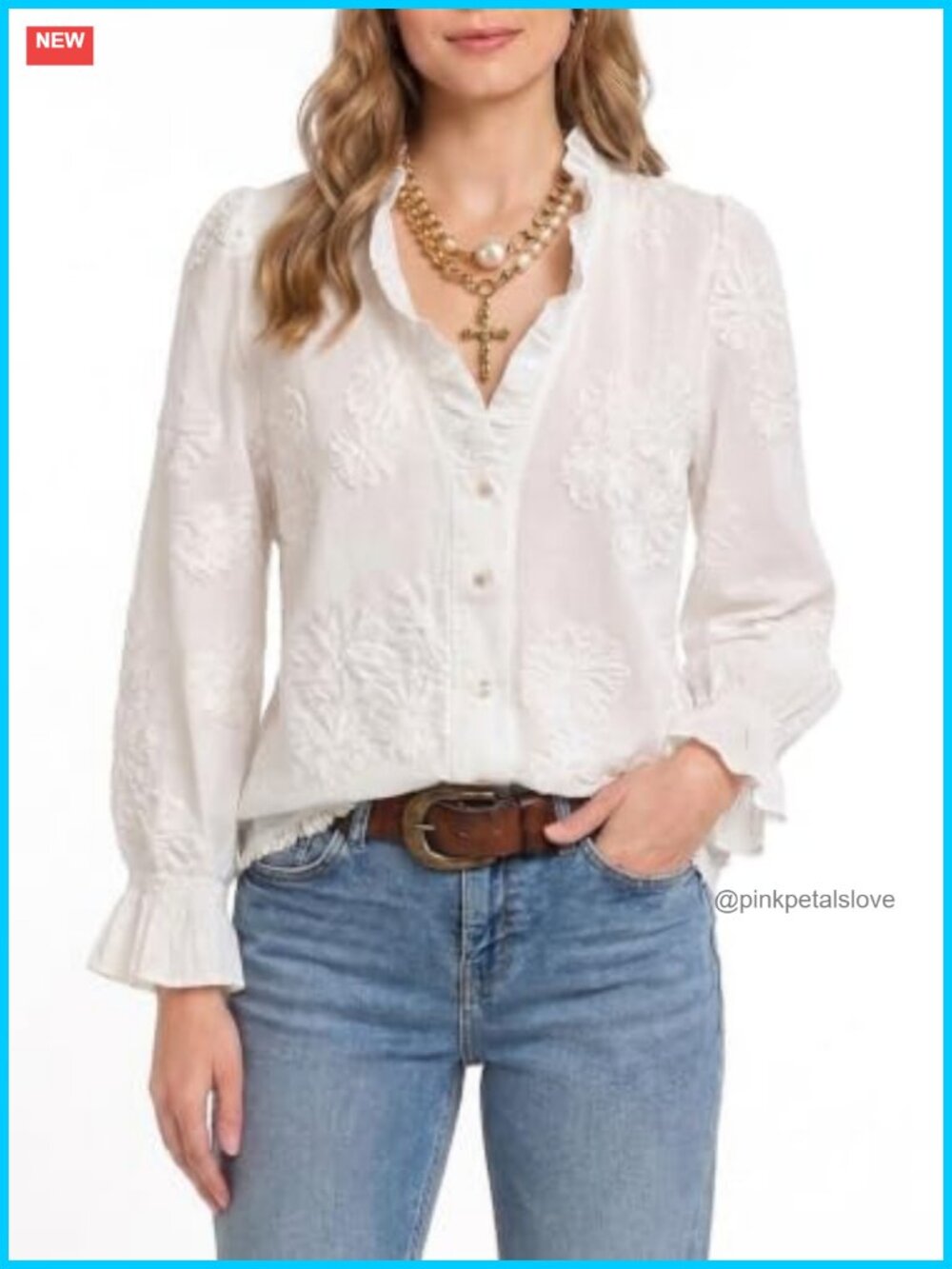 Floral Embroidered Ruffle V Neck Long Sleeve Button Down Blouse